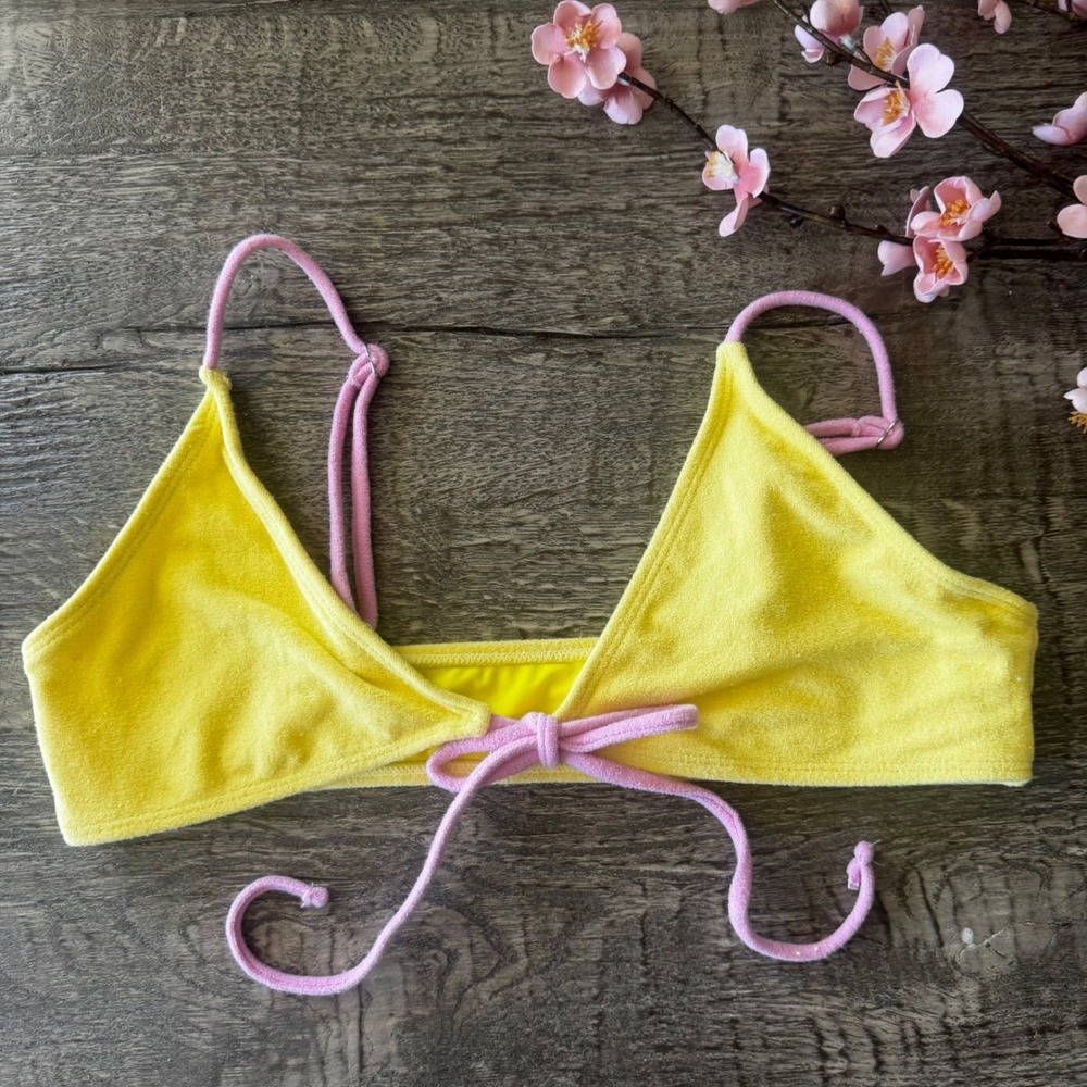 Beach Bunny Bikini Top Yellow Terry Cloth Pink Trim Y2K Retro Large Summer Haus